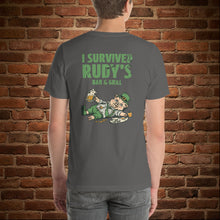 Load image into Gallery viewer, Back of Rudy’s “I Survived Rudy’s” St. Paddy’s Edition unisex t-shirt in asphalt