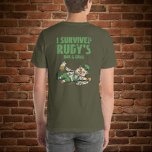 Load image into Gallery viewer, Back of Rudy’s “I Survived Rudy’s” St. Paddy’s Edition unisex t-shirt in military green