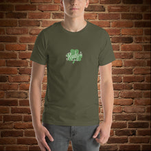 Load image into Gallery viewer, Front of Rudy’s “I Survived Rudy’s” St. Paddy’s Edition unisex t-shirt in military green