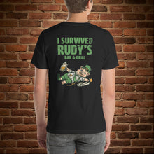 Load image into Gallery viewer, Back of Rudy’s “I Survived Rudy’s” St. Paddy’s Edition unisex t-shirt in vintage black