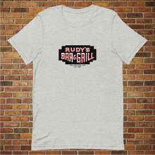 Load image into Gallery viewer, Rudy’s Bar &amp; Grill Neon Sign T-Shirt in athletic heather displayed flat against a brick wall background