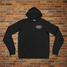Load image into Gallery viewer, Flat lay of black hoodie with Rudy’s Bar &amp; Grill logo on chest, displayed against brick wall background