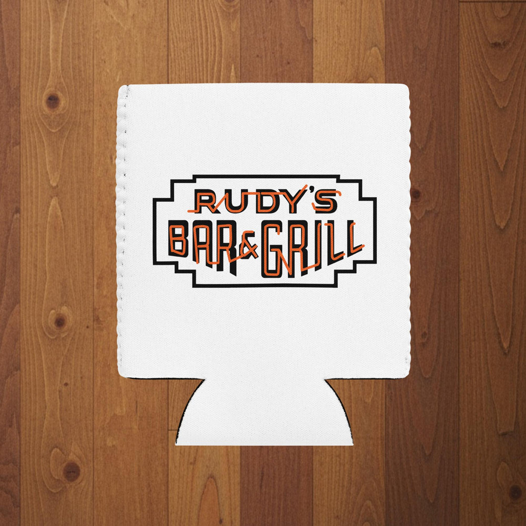 White can cooler featuring Rudy’s Bar & Grill neon sign logo on wood background