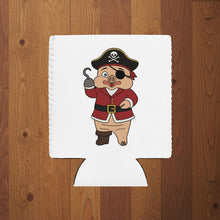 Load image into Gallery viewer, White can cooler with cartoon pirate pig mascot on wood background