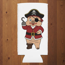 Load image into Gallery viewer, White slim can cooler with cartoon pirate pig mascot on wood background