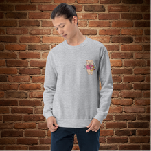 Load image into Gallery viewer, Person wearing a sport grey crew neck sweatshirt with Baron Von Swine holding a heart on the front, standing in front of a brick wall at Rudy’s Bar &amp; Grill