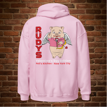 Load image into Gallery viewer, Rudy’s Bar &amp; Grill Valentine’s Day hoodie in light pink featuring Baron Von Swine Cupid, New York City