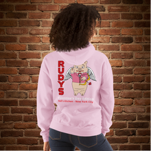 Load image into Gallery viewer, Rudy’s Bar &amp; Grill Valentine’s Day hoodie in light pink featuring Baron Von Swine Cupid graphic, New York City