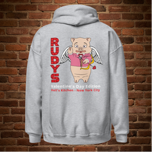 Load image into Gallery viewer, Rudy’s Bar &amp; Grill Valentine’s Day hoodie in sport grey featuring Baron Von Swine Cupid, New York City