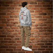 Load image into Gallery viewer, Man wearing Rudy’s Bar &amp; Grill Valentine’s Day NYC Edition oversized hoodie, back view – Baron Von Swine graphic and NYC text on athletic heather gray, brick wall background