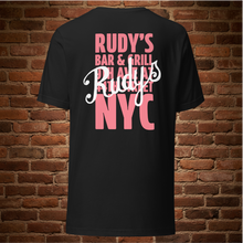 Load image into Gallery viewer, Rudy’s Bar &amp; Grill Valentine’s Day NYC Edition T-shirt back – bold pink NYC logo and script on black shirt, brick wall background
