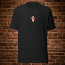 Load image into Gallery viewer, Rudy’s Bar &amp; Grill Valentine’s Day NYC Edition T-shirt front – black tee with Baron Von Swine holding a beer, brick wall background
