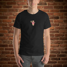 Load image into Gallery viewer, Man wearing Rudy’s Bar &amp; Grill Valentine’s Day NYC Edition T-shirt, front view – Baron Von Swine graphic on black shirt, brick wall background