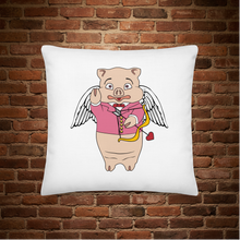 Load image into Gallery viewer, Rudy’s Bar &amp; Grill Valentine’s Day pillow back – Baron Von Swine as Cupid with wings and bow, white pillow, brick wall background