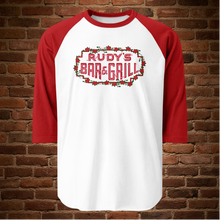 Load image into Gallery viewer, Rudy’s Bar &amp; Grill Valentine’s Day neon sign raglan shirt, red sleeves, flat lay against brick wall