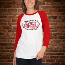 Load image into Gallery viewer, Woman wearing Rudy’s Bar &amp; Grill Valentine’s Day neon sign raglan shirt, red sleeves, brick wall background