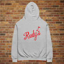 Load image into Gallery viewer, Back flat lay of Rudy’s vintage oversized hoodie with large red Rudy’s logo