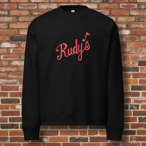 Rudy’s Bar & Grill vintage logo black unisex relaxed crewneck sweatshirt mockup