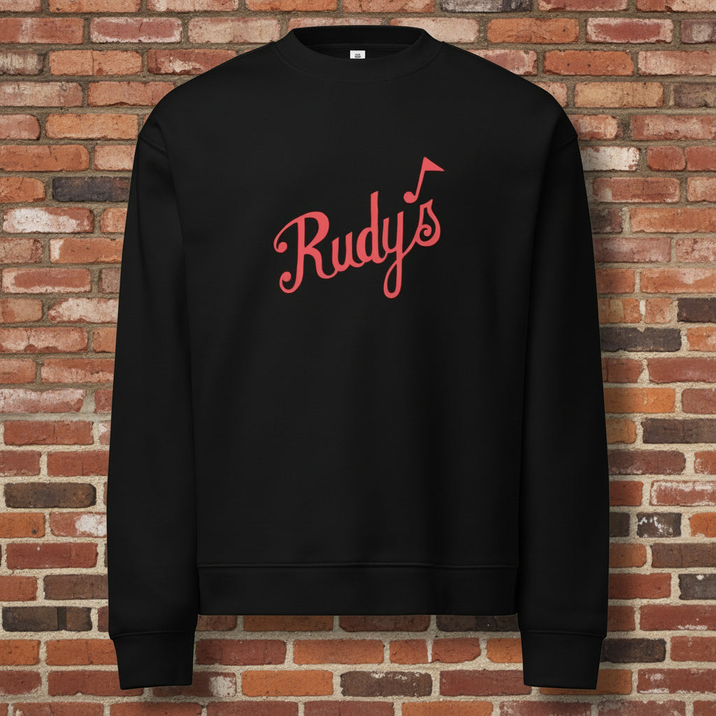 Rudy’s Bar & Grill vintage logo black unisex relaxed crewneck sweatshirt mockup