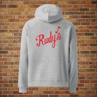 Back of Rudy’s vintage oversized hoodie with red Rudy’s logo