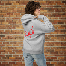 Load image into Gallery viewer, Back view of Rudy’s vintage oversized hoodie with red Rudy’s logo on model