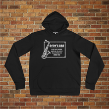 Load image into Gallery viewer, Black Rudy’s Bar &amp; Grill Jazz Saxophone Unisex Hoodie laid flat in front of a brick wall background