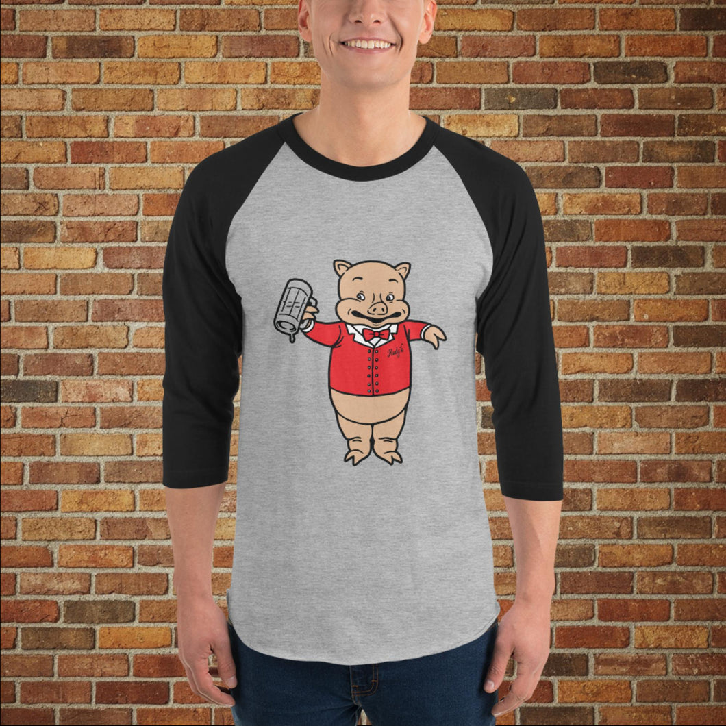 Vintage Baron Pig heather grey and black unisex 3/4 sleeve raglan shirt on model