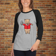 Load image into Gallery viewer, Vintage Baron Pig heather grey and black unisex 3/4 sleeve raglan shirt on woman model