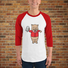Load image into Gallery viewer, Vintage Baron Pig white and red unisex 3/4 sleeve raglan shirt on model