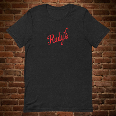Vintage Rudy's Bar & Grill unisex t-shirt in black heather on brick wall background