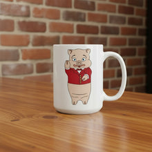 Load image into Gallery viewer, 15oz white mug with a cartoon illustration of Baron Von Swine in a red coat, placed on a wooden table with a brick wall backdrop.