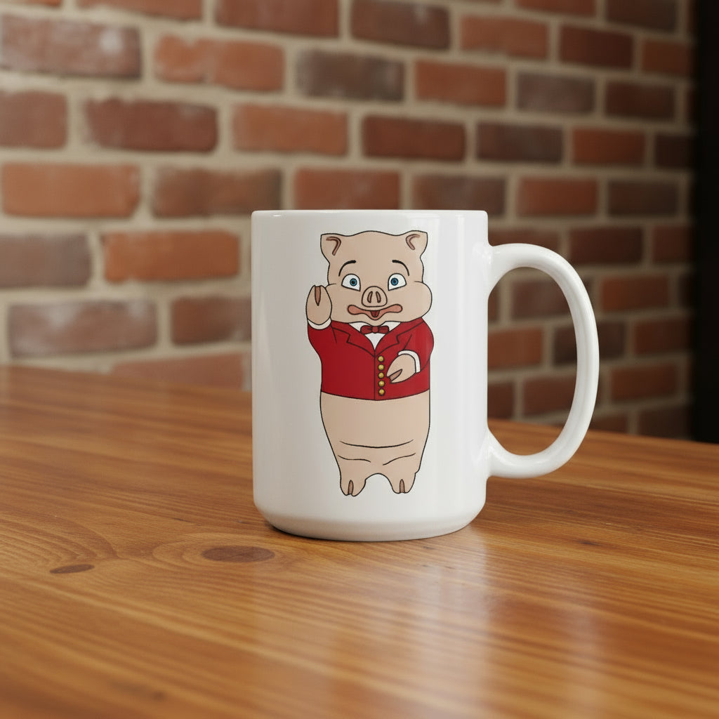 15oz white mug with a cartoon illustration of Baron Von Swine in a red coat, placed on a wooden table with a brick wall backdrop.