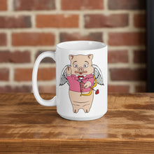 Load image into Gallery viewer, Baron Von Swine Cupid Pig 15oz Valentine’s Day mug on wood table, Rudy’s Bar NYC