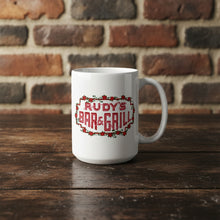 Load image into Gallery viewer, Rudy’s Bar &amp; Grill neon sign 15oz Valentine’s Day mug on rustic table, NYC