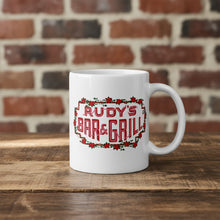 Load image into Gallery viewer, Rudy’s Bar &amp; Grill neon sign Valentine’s Day mug on wood table, NYC bar