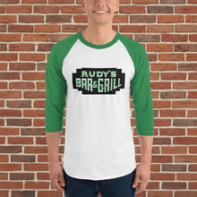 Load image into Gallery viewer, Front mockup of Rudy’s Bar &amp; Grill St. Paddy’s Day 3/4 sleeve raglan shirt in white and green