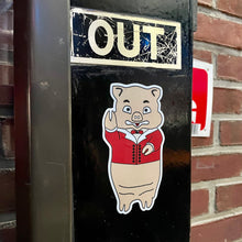 Load image into Gallery viewer, Vintage Baron Von Swine pig sticker from Rudy’s Bar &amp; Grill on door under OUT sign, Hell’s Kitchen NYC